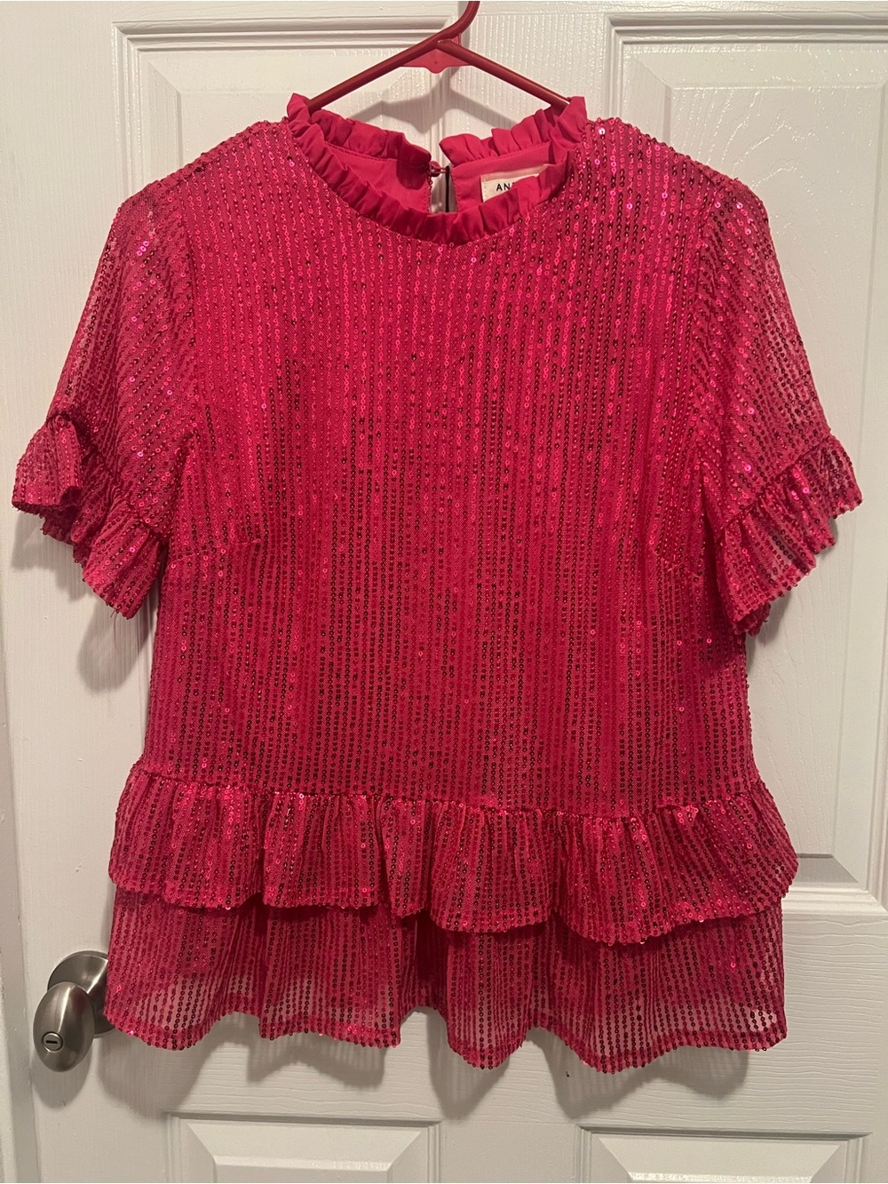 ANDRÉE BY UNIT Sequin Ruffle Peplum Top in Hot Pink